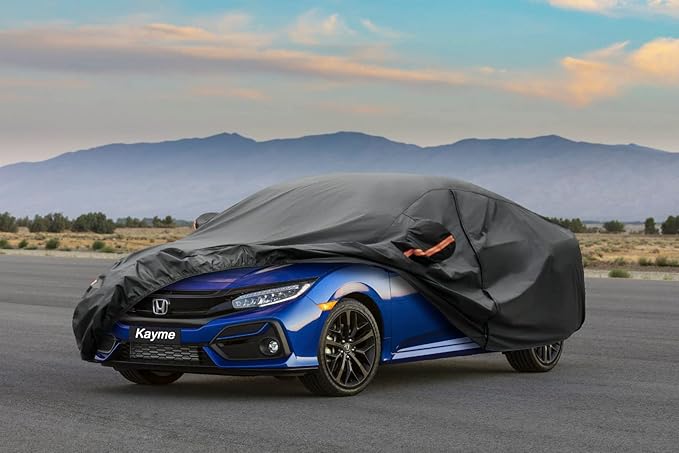 Kayme 7 Layers Car Cover Custom Fit for Honda Civic Sedan/Coupe (1991-2025) Waterproof All Weather for Automobiles, Outdoor Full Cover Rain Sun UV Protection with Zipper Cotton/Black