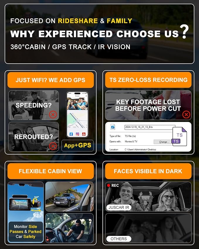 2.5K+1080P Dual Dash Cam Front and Inside, WiFi & GPS Dash Camera for Cars with 32G Card, IR Night Vision, 3" IPS Screen, Inside Car Camera for Taxi Driver, Support 256GB Max, App Control