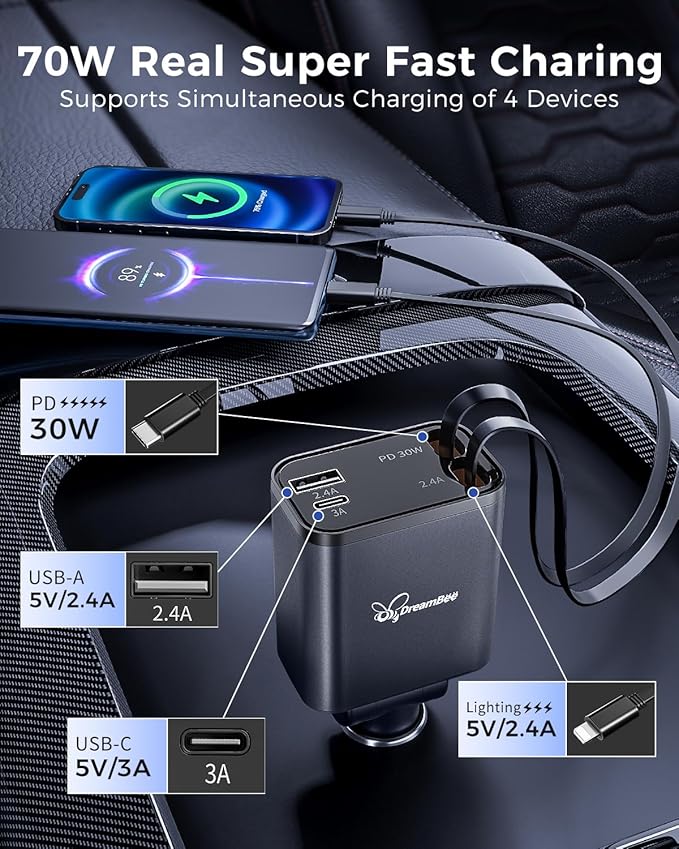 DreamBee Retractable Car Charger,custom-made modelRetractable Cables (31.5 inch) and 2 USB Ports Car Charger, PT-27