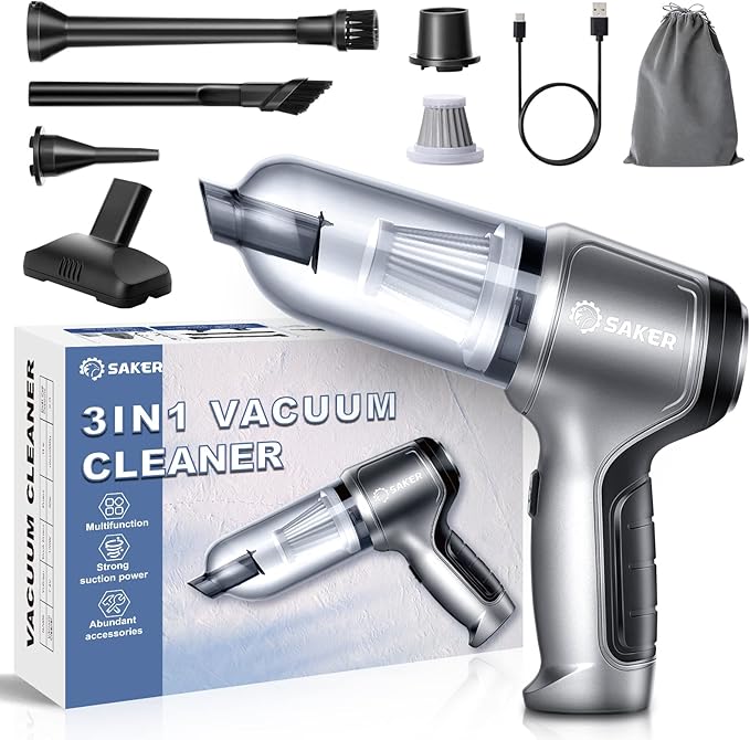 Saker Handheld Vacuum Cleaner Car - Wireless Mini Vacuum Cleaner 3 in 1 Multifunctional Brushless Motor 12000PA with USB-C,Portable Handheld Car Vacuum Cleaner for Keyboard Cleaning, Outdoor and Home