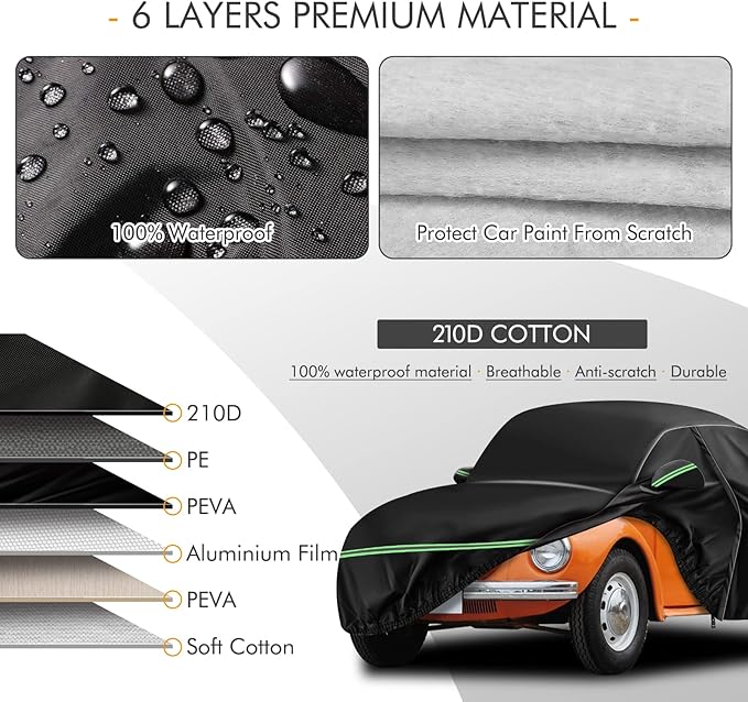 for VW 1960-1980 Volkswagen Beetle Bug Sedan 2-Door Saloon Car Covers 210D Outdoor Waterproof UV, Custom-fit Protective Full Covers with Cotton Layer, Zipper Door, Reflective Strip, Storage Bag
