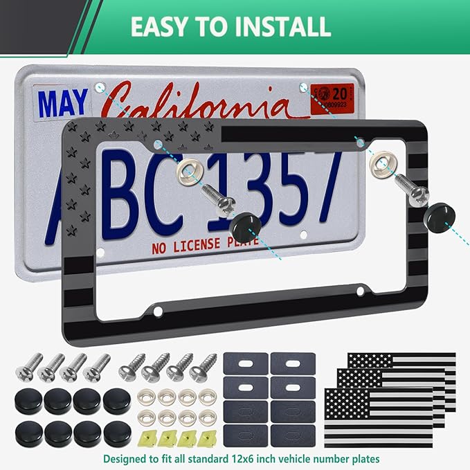 Black American Flag License Plate Frame- Front Rear Patriotic USA ‌Car Tag Frames, 2 Pack 4 Hole Subdued 3D Embossed Stars and Stripes Plastic Holder with Mounting Hardware Kit