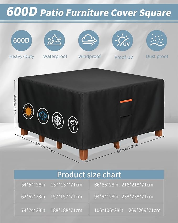 Outdoor Waterproof Furniture Cover, 54W x 54L x 28H inches Heavy Duty 600D Square Table and Chair Set Protection, Black