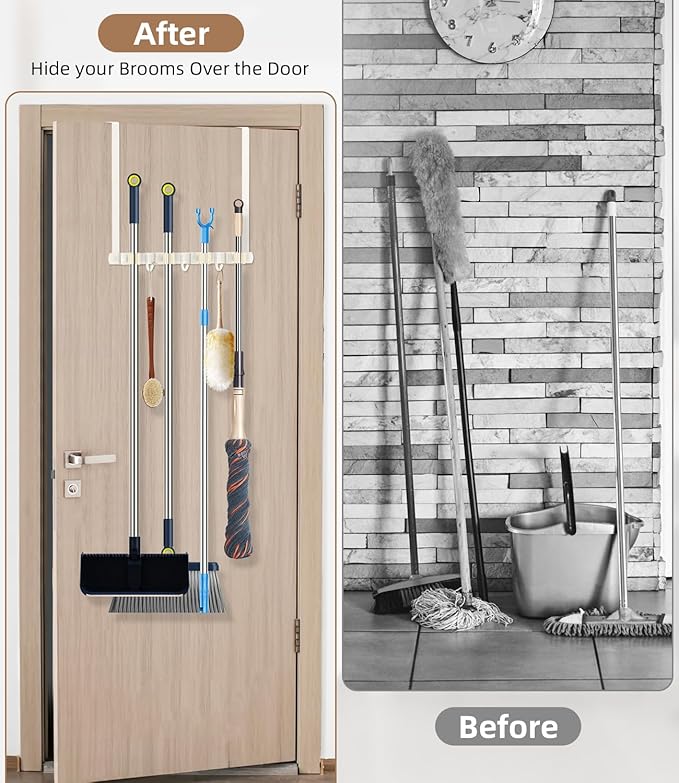 Broom Holder Over The Door - 304 Stainless Steel Mop and Broom Holder Wall Mounted or Hanging Over The Door with Hooks - Broom Hanger - white, Broom Storage Tool Organizer for Closet Laundry