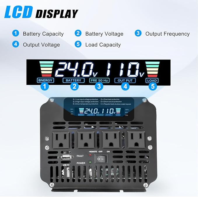 4000 Watt Power Inverter, Car Inverter 24V DC to 110V/120V AC Converter with LCD Display, 4 AC Outlets, USB Port & Remote Controller for RV, Truck, Off-Grid Solar System
