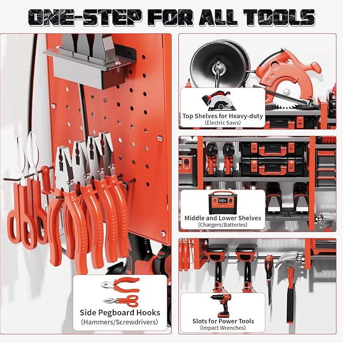 Power Tool Organizer with Charging Station Wall Mount, 3 Layer Expanded Heavy Duty Garage Organization, 48.8 Inch Length Garage Tool Storage, 4 Drill Slot, 16" Standard Hole, Red