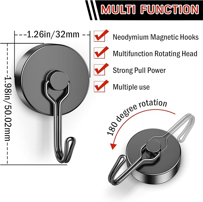 FINDMAG 100lbs+ Magnetic Hooks Heavy Duty, Extra Strong Magnetic Hooks for Cruise Cabins, Large Magnet Hooks for Refrigerator, Magnetic Hanger for Garage, Kitchen, Garden, Locker Accessories, 6 Pack