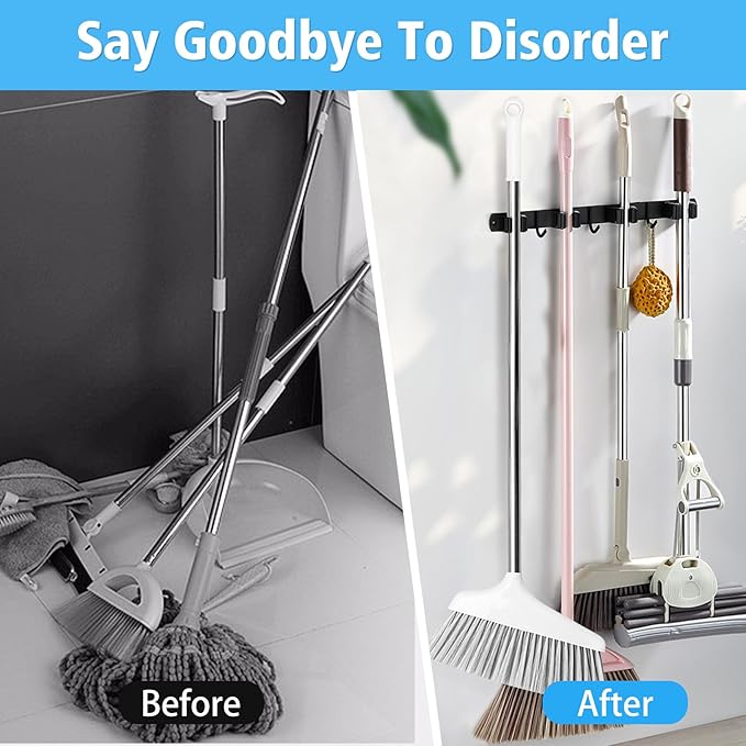 Huryfox Mop and Broom Holder Wall Mounted - Sturdy Stainless Steel Rack with Utility Hooks, 4 Racks, 3 Hooks Adjustable Design and Multiple Storage Organiser Options, Perfect for Kitchen, Laundry
