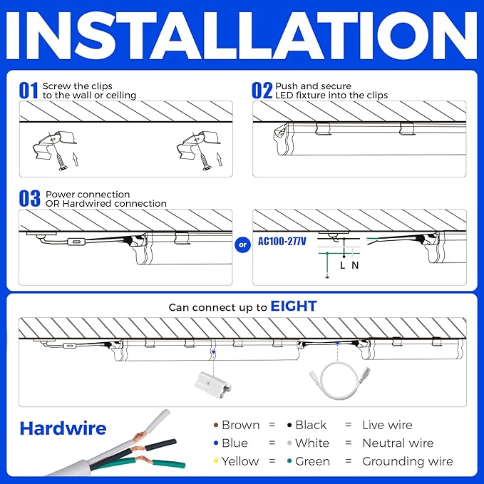 Barrina (Pack of 6) LED T5 Integrated Single Fixture, 4FT, 2200lm, 4000K (Daylight Glow), 20W, Utility Shop Light, Ceiling and Under Cabinet Light, Corded Electric with Built-in ON/Off Switch