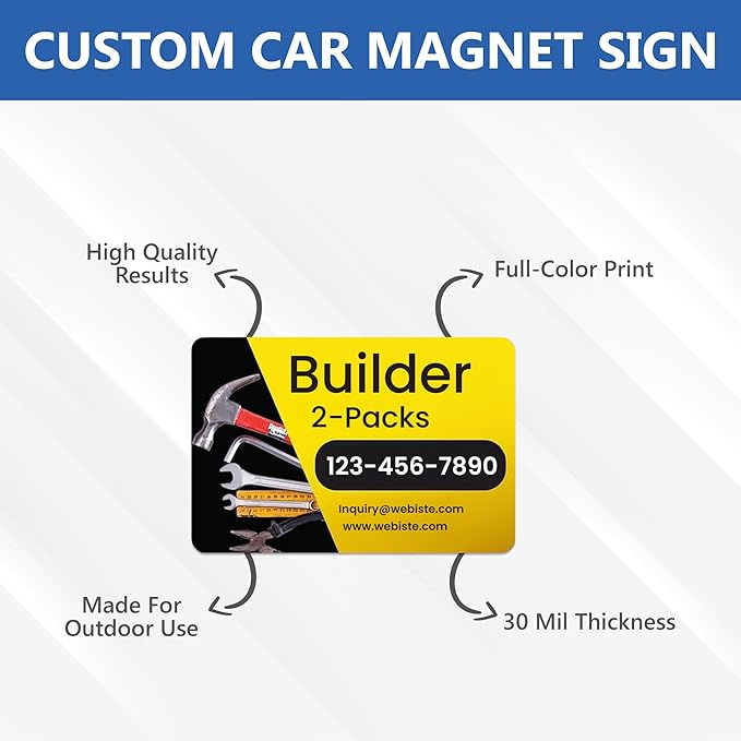 Custom Car Magnet Signs for Businesses (18"x24" Builder) 2 pk - Personalized Car Magnets for Builder, Contractor and Advertising - Advertising Magnets for Cars Door - Professionally Printed