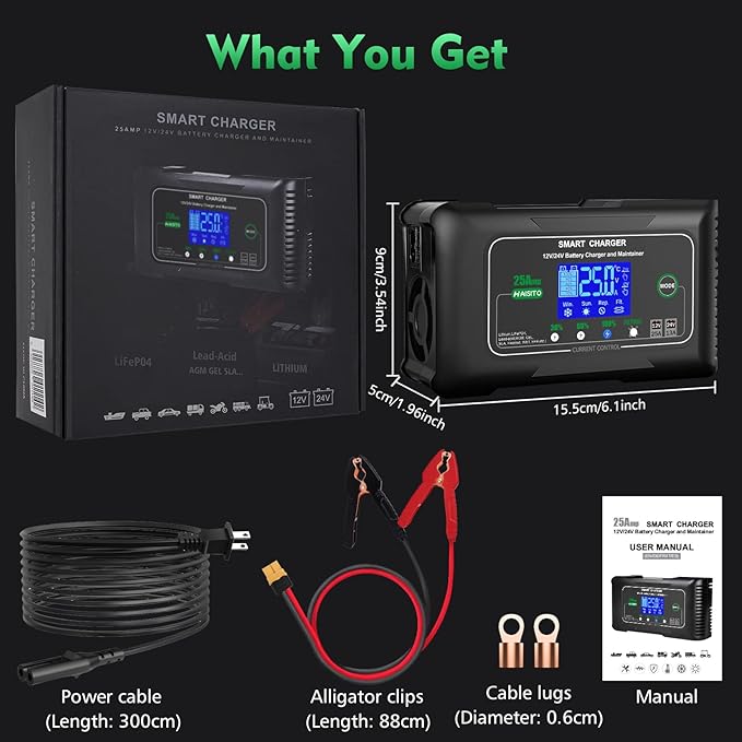 25 Amp Lithium Battery Charger, 12V and 24V Lifepo4,Lead-Acid(AGM/Gel/SLA..) Battery Charger,Battery Maintainer, Trickle Charger, and Battery Desulfator for Car,Boat,Motorcycle, Lawn Mower.