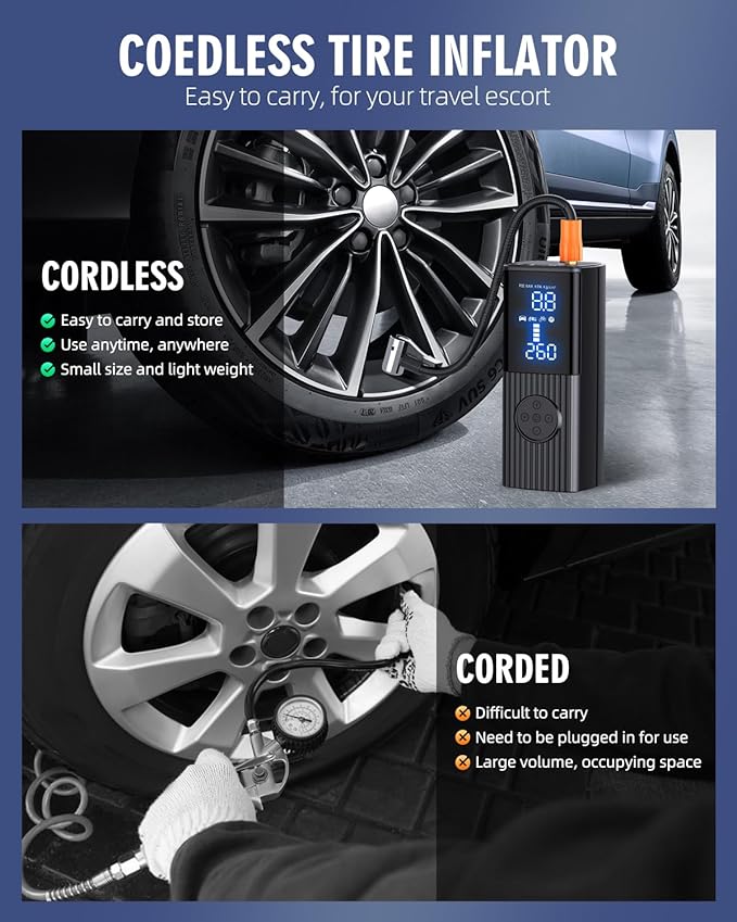 Tire Inflator Portable Air Compressor, 180PSI Portable Air Compressor with with LED Light, 25000mAh & 3X Faster Inflation Air Pump for Car, Bike, Motorcycle, Ball and more