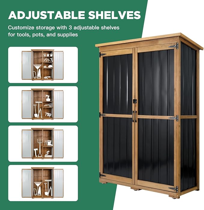 Outdoor Storage Cabinet Wood & Metal, Storage Shed Waterproof Double Lock for Anti-Theft Removable Shelves Adjustable Feet Wooden Floor for Patio, Garden, Lawn Pool Storage, 46" X 18" X 68"