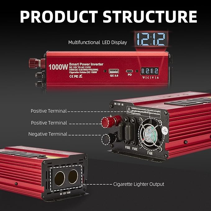 TWING Car 1000w Inverter,12v DC to 110v Power Inverters for Vehicles 1000 watt with Dual AC Outlets 3.0A USB and Type-C,12 Volt Inverter Car Cigarette Lighter Battery