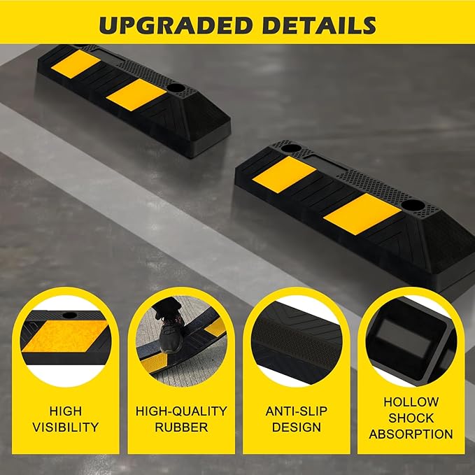 20" Rubber Parking Curb Stop, Car Stopper for Garage Parking, Heavy Duty Parking Wheel Stops for Car, Garage Bumpers with Reflective Yellow Tape for Parking Car (4 Pack)