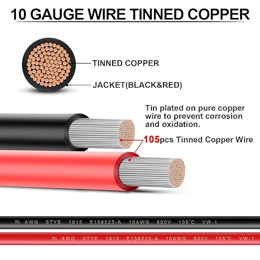 10 Gauge Wire - iGreely 100 FT Red & 100 FT Black 10 Gauge Tinned Copper Electrical Wire Cable for Solar Panel Car Audio Automotive Trailer Marine Harness Wiring 10AWG 100Ft