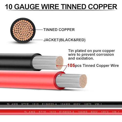 10 Gauge Wire - iGreely 100 FT Red & 100 FT Black 10 Gauge Tinned Copper Electrical Wire Cable for Solar Panel Car Audio Automotive Trailer Marine Harness Wiring 10AWG 100Ft