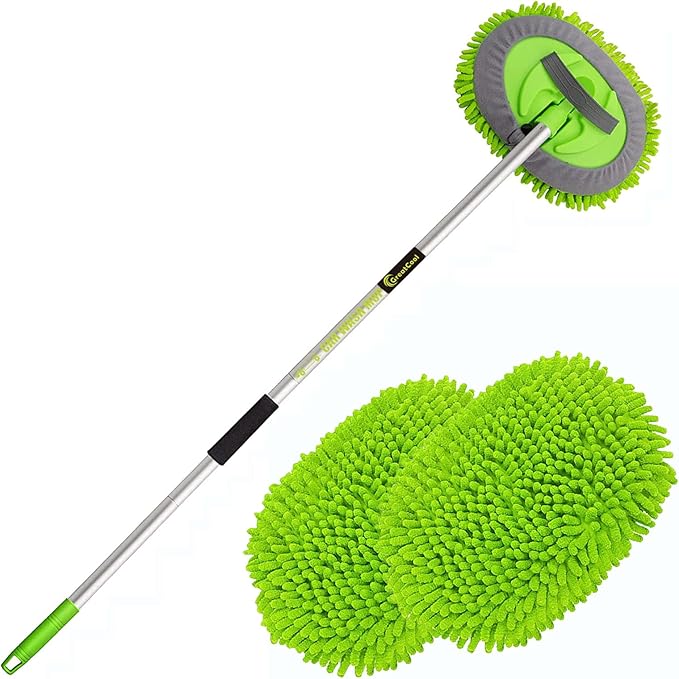 62" Car Wash Brush Mop Kit with Long Handle, 2 in 1 Chenille Microfiber Sponge Mitt Cleaning Detailing Duster for Washing Cars Truck SUV RV Caravans and Household(2 x Mop Head)