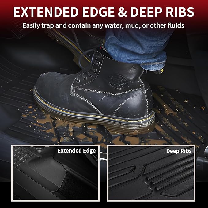 LASFIT Floor Mats for Ford F-150 2015-2025 | F150 Lightning 2022-2025 SuperCrew (Rear w/Fold Flat Storage) Carpet Floor All Weather Car Liners TPE Truck Mats - 1st and 2nd Row, 3pcs Black