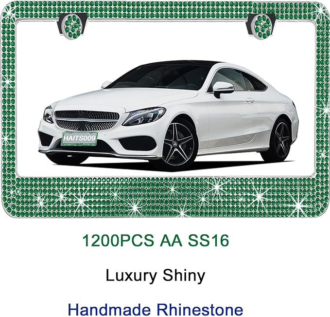 2 Pack License Plate Frames for Women, Sparkly Rhinestone Diamond Car Accessories with Glitter Crystal Caps (Green(2PCS))