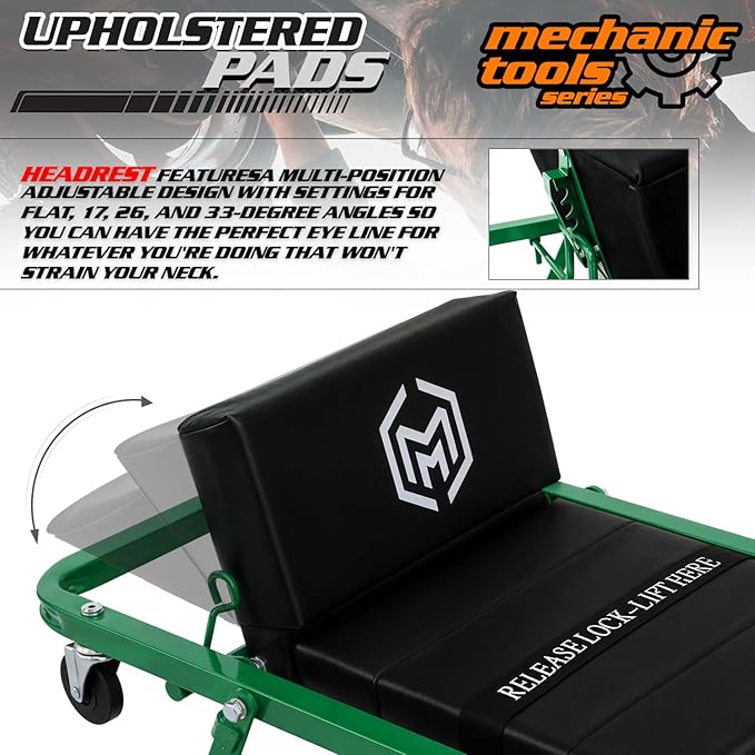 M-AUTO Heavy-Duty Convertible Mechanic Creeper, Z-Creeper 2-in-1 Creeper and Seat 48" Padded Adjustable Headrest Roller Garage Chair with 7 Swivel Casters for Washing, Detailing, Maintenance, Green