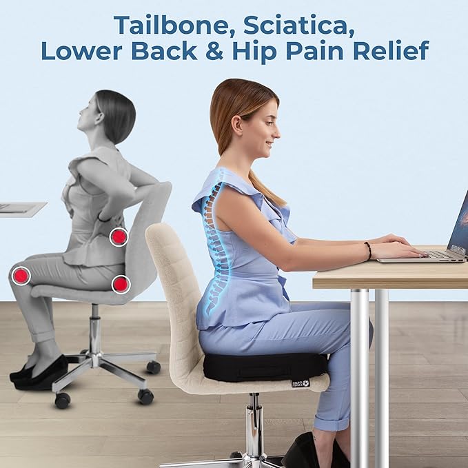 5 STARS UNITED Seat Cushion for Tailbone Pain Relief – Memory Foam Lifting Pillow for Coccyx, Hip, Hemorrhoid, Sciatica & Post-Surgery Recovery – Wheelchair, Car, Desk, Gaming & Office Chairs, Black