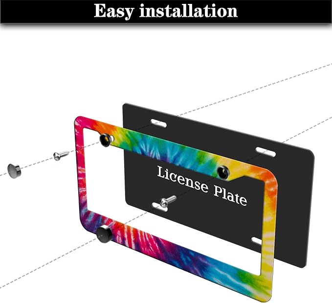 License Plate Frames for Men Rainbow License Plate Frame for Women Novelty Tie Dye Painting Aluminum Metal Car Accessory 2 Pack with Screw Covers Set