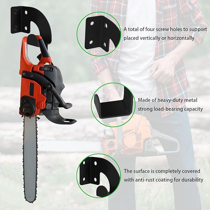 Chainsaw Hanger, Heavy Duty Chainsaw Wall Mount Holder, Organizer Mounted Chainsaw Rack, Chain Saw Hanger for Garden, Garage, Workshop, Black Metal