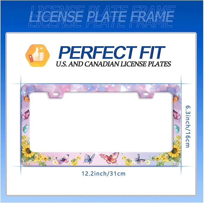 Beautiful Butterfly Sunflower License Plate Frame Yellow Floral License Plate Stainless Steel Funny License Plate Holder for Men Women Colorful Car Accessories Decoration 12.3" x 6.3"