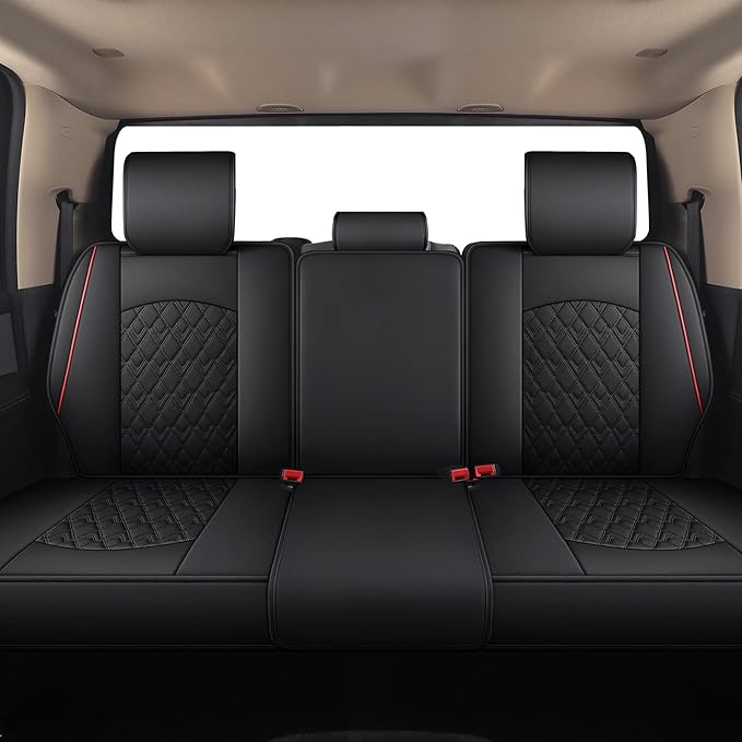 JOJOBAY Car Seat Covers for Dodge Ram Full Set,Fit Ram 2009-2025 1500/2500/3500 Pick-up Truck,Crew,Regular,Quad,Mega Cab,Waterproof Leather Seat Covers Protectors（5 PCS Full Set,Black/Red）