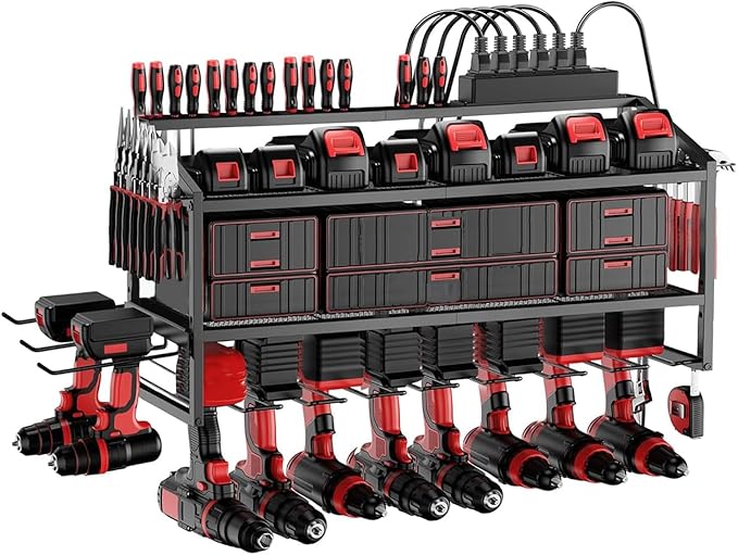 Power Tool Organizer Wall Mount with Charging Station, 3 Layer Storage Rack and Tool Holder for Garage Organization, 8 Drill Holder Wall Mount and 6 Outlet Power Strip
