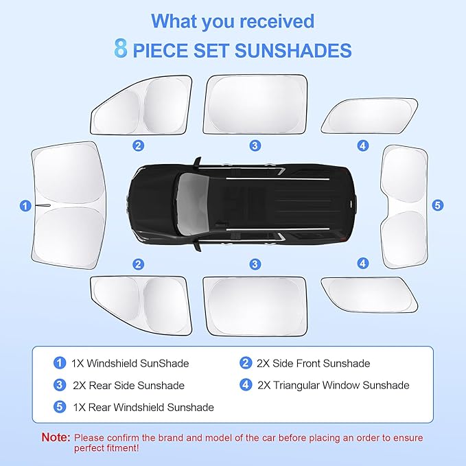8pcs Car Window Shades for GMC Yukon XL&Chevy Suburban 2021-2026 Accessories,Windshield Side Rear Full Sunshade,Sun Visor UV Blocking, Privacy Protection and Blackout for Camping Outdoor