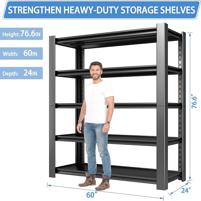 5-Tier Garage Shelving Heavy Duty, 3000 LBS Capacity Metal Storage Rack 76" H x 60" W x 24" D, Adjustable Shelves Unit for Garage, Warehouse, Basement, Pantry, Workshop.2 Pack