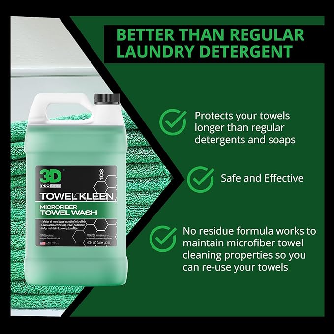 3D Towel Kleen Concentrated Microfiber Towel Detergent - Deep Cleans, Restores & Maintains Car Wash Towel Life - Low Foam, No Residue Premium Laundry Soap 1 Gallon