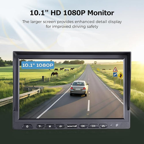 10.1" Wireless RV Backup Camera System, 2 Rear Cameras & 2 Side Cameras for Reversing/Monitoring Trailer Truck Pickup Camper, 1080P DVR Monitor, IP69K Waterproof IR Night Vision Camera, WN4