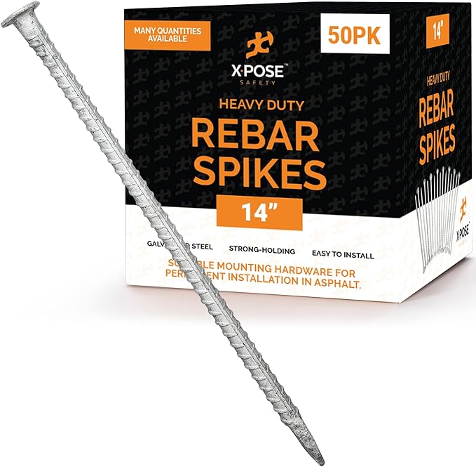 Heavy Duty Rebar Stakes 14" - 1/2" Diameter Threaded Galvanized Steel Spikes – 50 Pack Metal Ground Stakes for Speed Bumps & Wheel Stops – Support Estacas de Metal – Durable Asphalt Surface