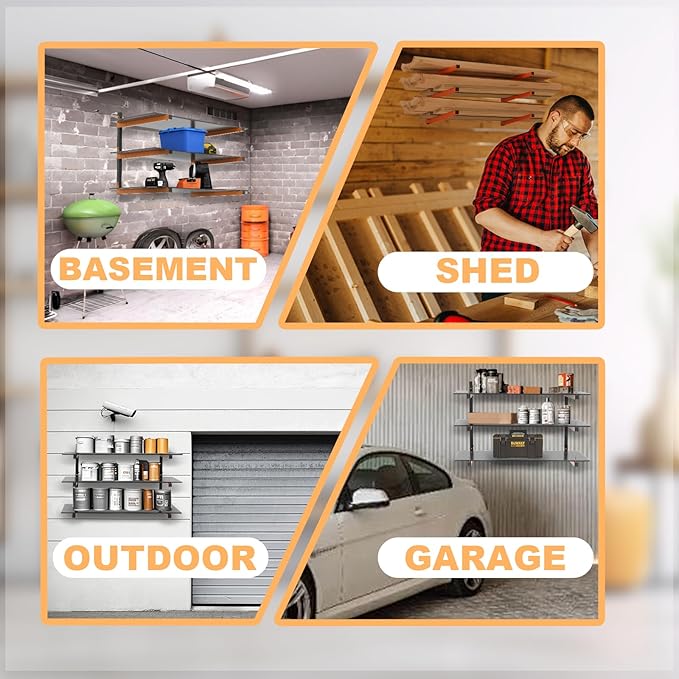 Lumber Rack Wall Mount, Heavy Duty Wood Storage Racks, 3-Level System Garage Shelving, 380 Lbs Capacity Organizer Shelves, Folding Orange Brackets, 2 Pack Hanging Metal Shelf for Indoor and Outdoor