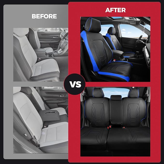 FREESOO Seat Covers for Honda CRV, Custom Fit Seat Covers Full Set, CRV LX EX EX-L Sport Touring Special Edition Trailsport Hybrid & Gas 2023 2024 2025 2026, Leather Waterproof Seat Cover, Black&Blue