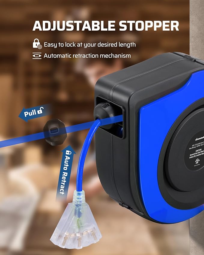 DEWENWILS Retractable Extension Cord Reel, 75 FT Heavy Duty Power Cord, 14/3C SJTOW Retractable Cord Reel, Lighted Triple Outlets, 10A Circuit Breaker, Wall/Ceiling Mount, UL Listed, Blue