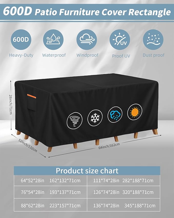 Outdoor Waterproof Furniture Cover, 64W x 52L x 28H inches Heavy Duty 600D Rectangular Table and Chair Set Protection, Black