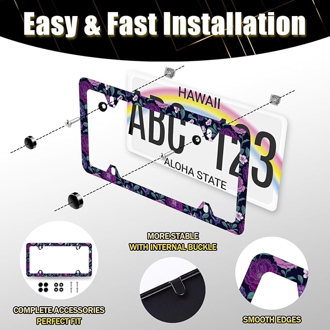 Purple Floral Flowers License Plate Frame Roses Peonies Colorful License Plate Stainless Steel Flowers Car Accessory Funny License Plate Decoration Women Size 12.2" x 6.2" with Screws