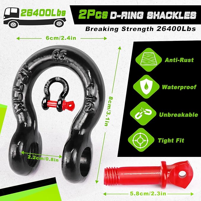 MAIKEHIGH Tow Strap Heavy Duty with Hooks, 2"×16ft (22,000Lbs) Recovery Strap with D-Ring Shackles (2pcs) + Protective Gloves (2pcs), Tow Rope for Car Truck SUV ATV (Green)