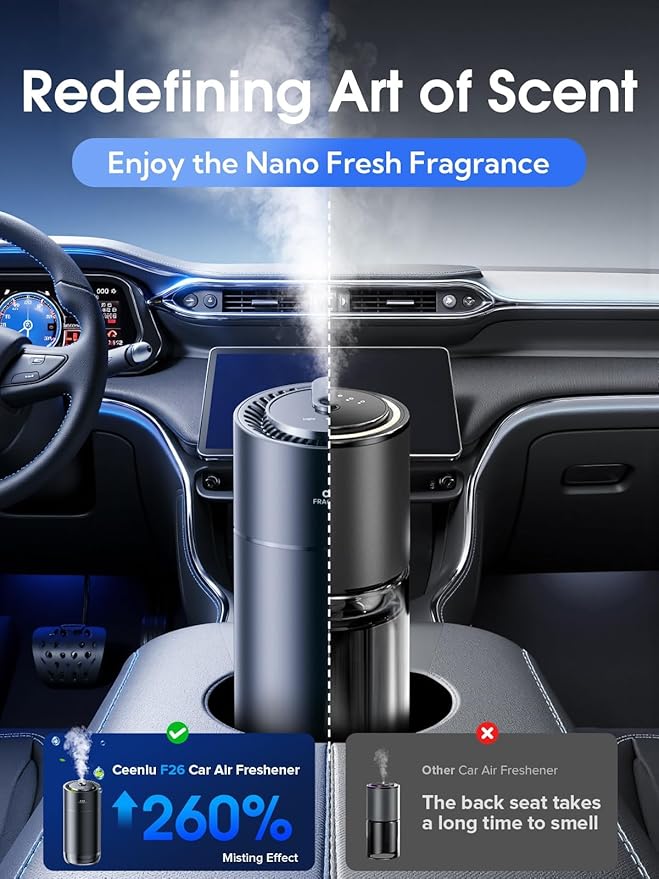 Ceeniu Smart Car Air Fresheners, New smell experience by Ultrasonic mist, Auto On/Off, Powerful Built-in Battery, Long lasting natural fragrance, Adjustable car freshener, Bamboo scent