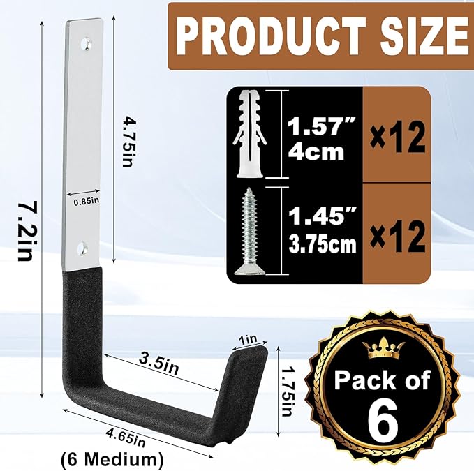 Heavy Duty Utility Hooks, 6 Pack Steel Wall Mounts for Storage, Ladder & Garden Tools (6 Medium)