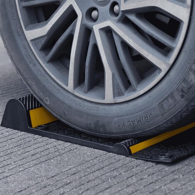 22" x 11.5" Rubber Parking Guide Mat, Heavy-Duty Wheel Stoppers with Reflective Stripes, Anti-Skid Garage Parking Mats, Self-Adhesive Vehicle Stoppers for Cars, Trucks, SUVs, Indoor/Outdoor (4)