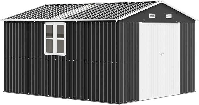 AMERLIFE 10x12x7 FT Galvanized Steel Storage Shed with Dual Transparent Panels, 2 4-Pane Windows & Hinged Double Doors, Outdoor Shed for Backyard, Garden, Patio, Dark Grey/White