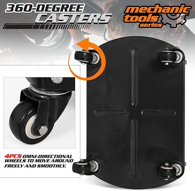 M-AUTO Heavy Duty Garage Rolling Work Seat 300LBS Capacity Mechanics Stool with Wheels, Rolling Work Seat with Equipment Tray and Tool Rack, Rectangle Seat Mechanic Roll Chair, Black