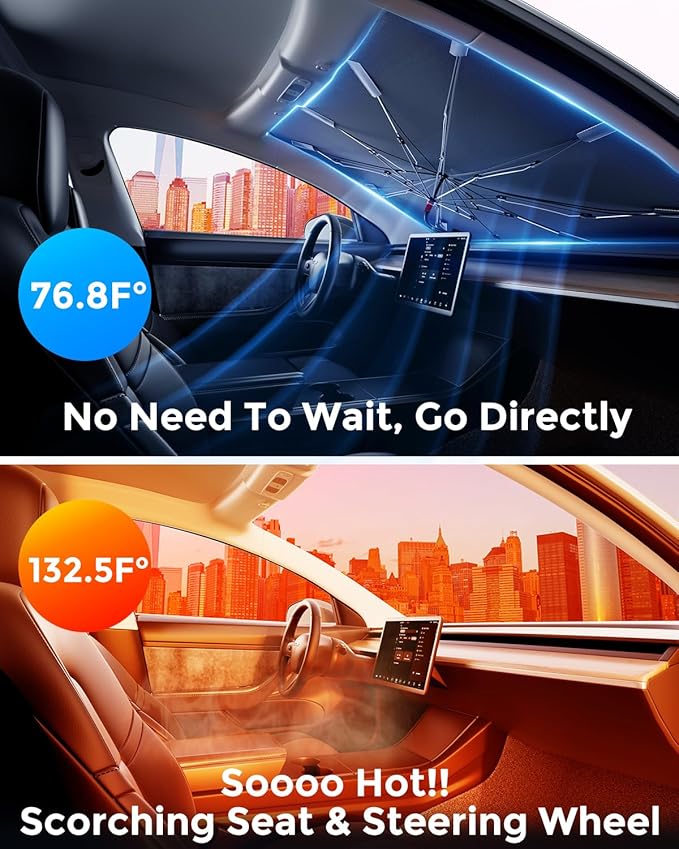 [Updated Version] Car Windshield Sun Shade, [Effective Keep Cool] Spring Structure Umbrella Sunshade for Cars Windshield, Protect from Sun Rays, Heat Damage and Protect Interior