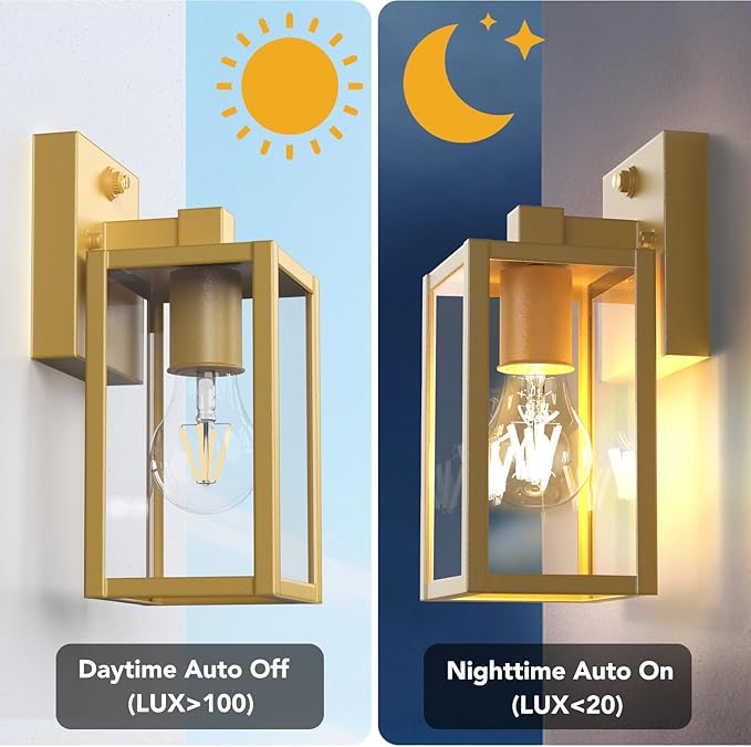 PARTPHONER Dusk to Dawn Outdoor Light Fixtures, 2-Pack Sensor Porch Lights, Waterproof Exterior Wall Sconce Lighting Lamp, Waterproof Wall Lantern for House, Doorway, Garage (Gold)