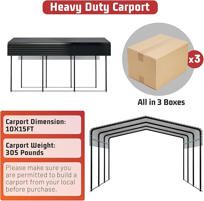 Metal Carport 10 x 15 FT with Heavy Duty Frame & Galvanized Steel Roof, Metal Car Garage, Sturdy Canopy Shelter for Car, Truck, Pickup, SUV, Tractor, and Boat